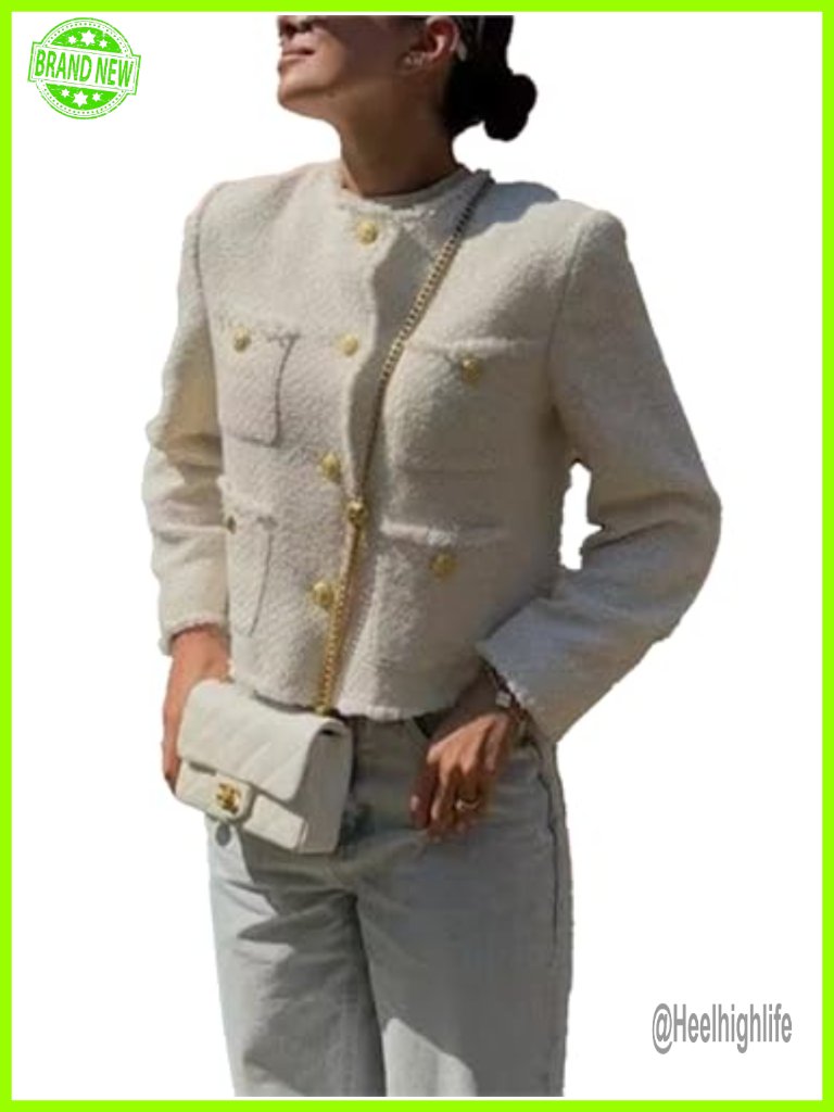 Womens Tweed Blazers Casual Long Sleeve Button Down Cropped Jacket Coat With